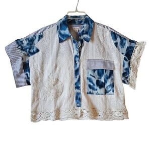 PILCRO Women's XSP Patchwork Lace Tie Dye Color Block Striped Button Up Shirt